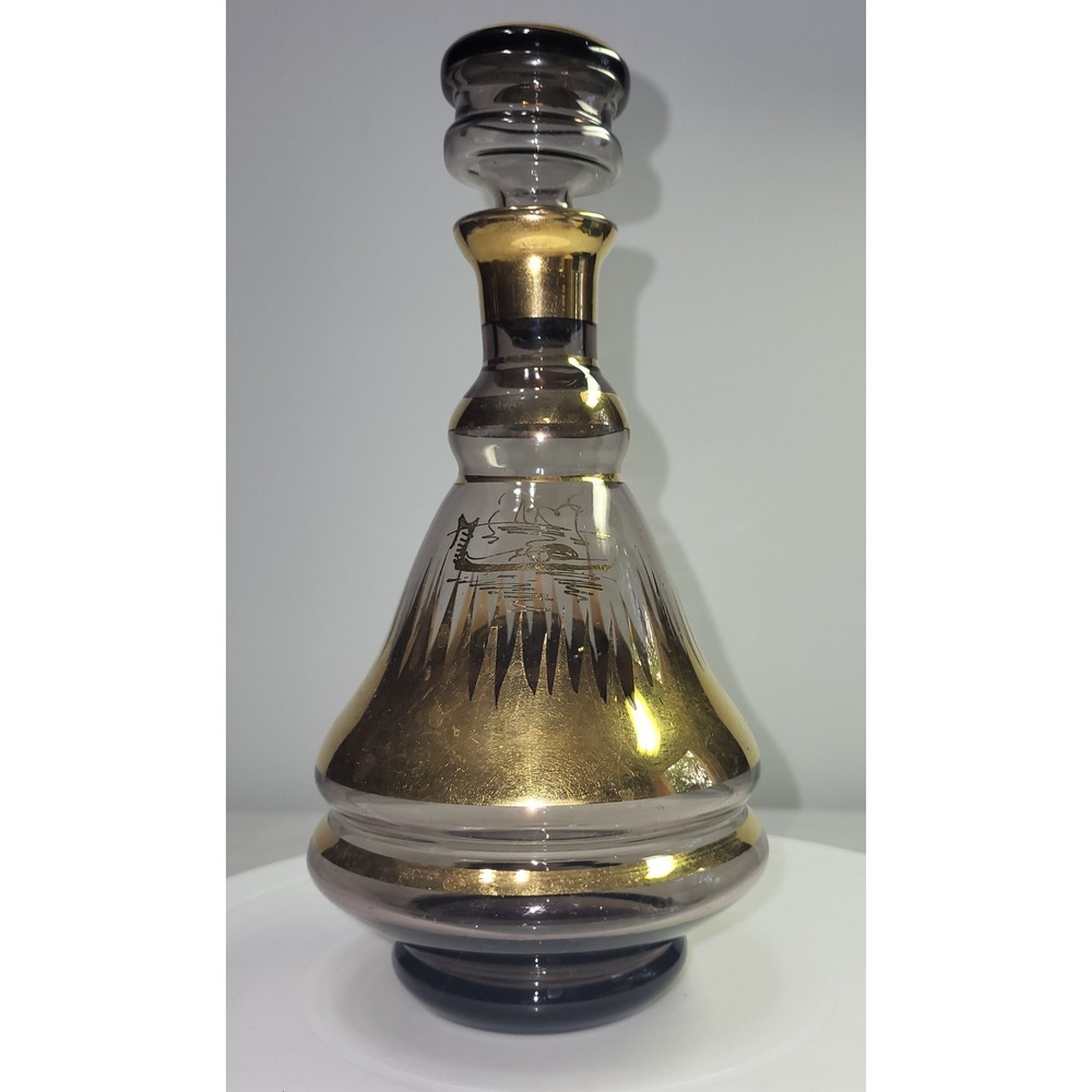 Rossini Empoli Glass Decanter Italy Smoky Gold Venetian Gondola MCM Barware Vtg